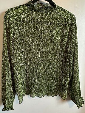 YEST Green & Black Semi sheer long sleeve blouse ruffles & high neck Like new